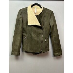 Mural Faux Suede Sherpa Lined Moto Jacket Olive Green Womens XS
